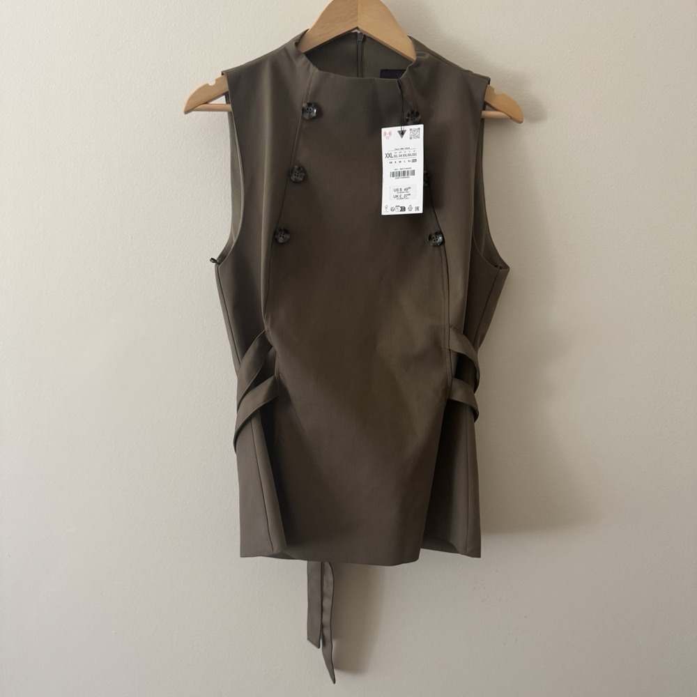 Zara Dark Khaki Double Breasted Sleeveless High Neck Top Vest Women's XXL NWT